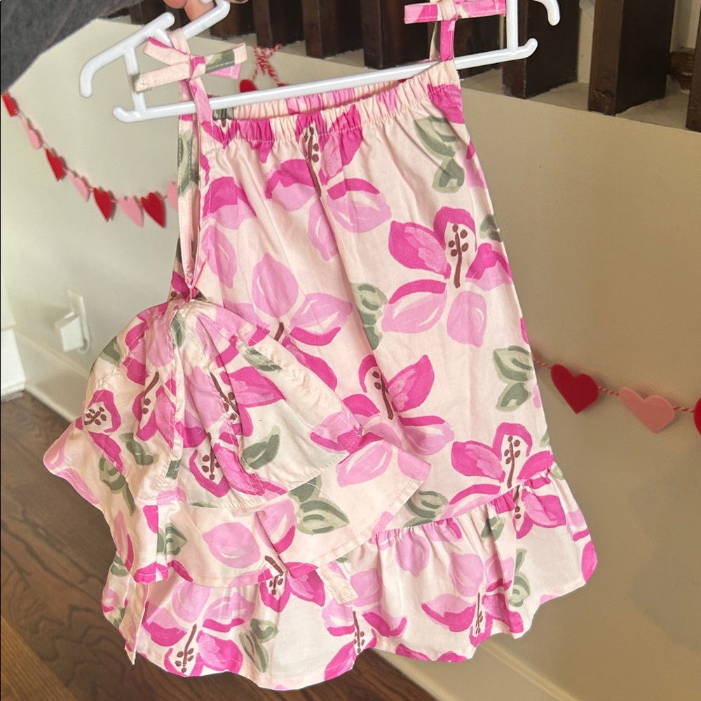 3 piece set Pink Floral Dress with Ruffle Hem. Hat and bloomers.